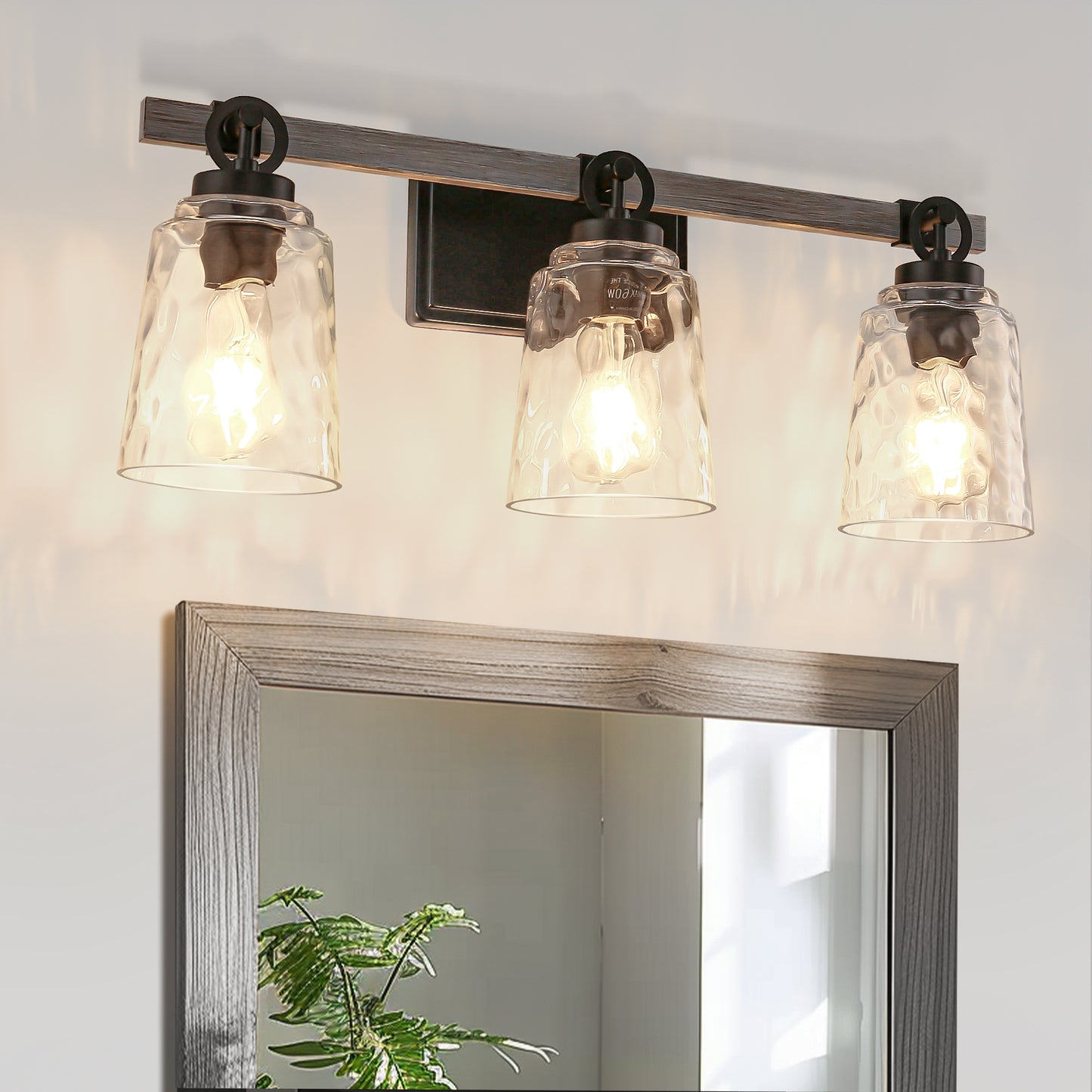 24 in. 3-Light Black and Wood Grain Modern Bell Vanity Light for Bathroom Mirror with Water Glass Shades