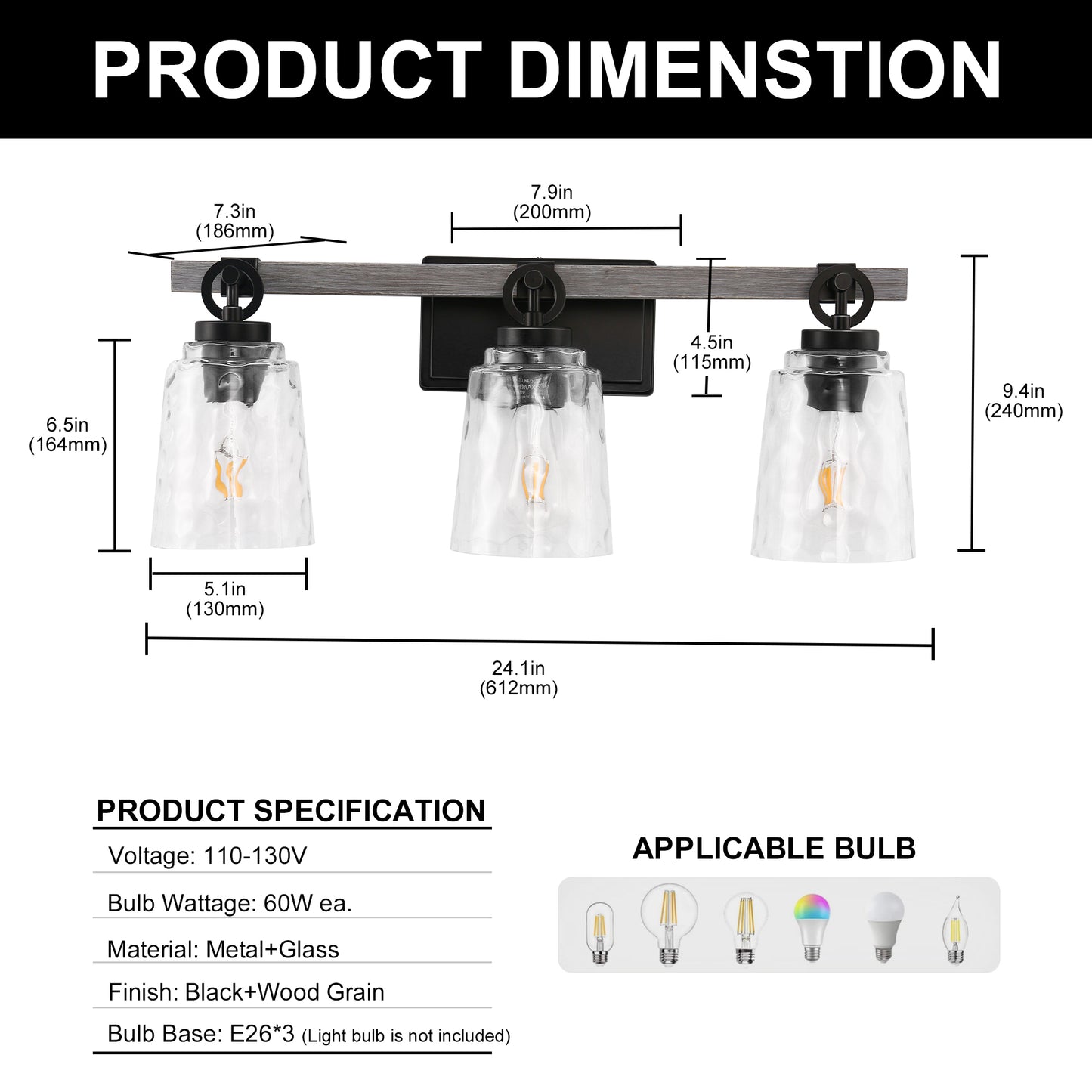 24 in. 3-Light Black and Wood Grain Modern Bell Vanity Light for Bathroom Mirror with Water Glass Shades