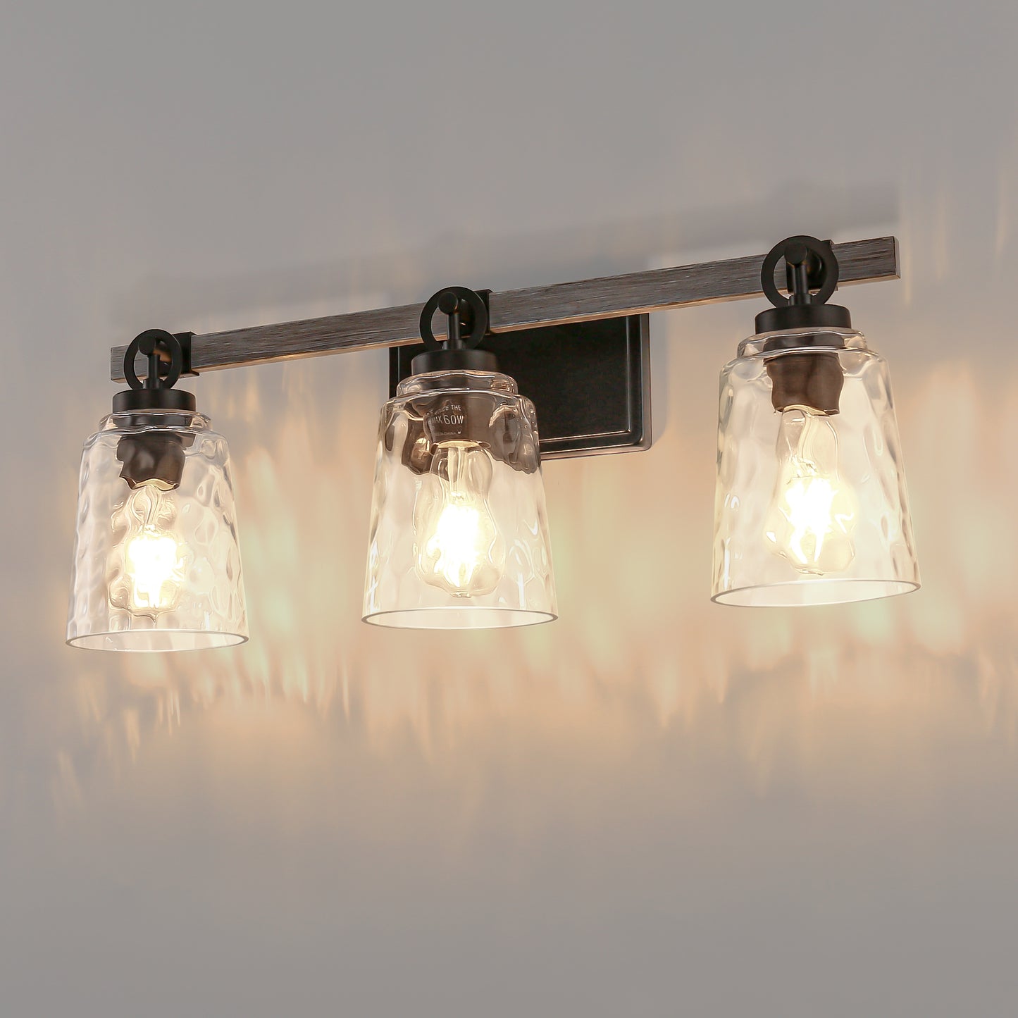 24 in. 3-Light Black and Wood Grain Modern Bell Vanity Light for Bathroom Mirror with Water Glass Shades
