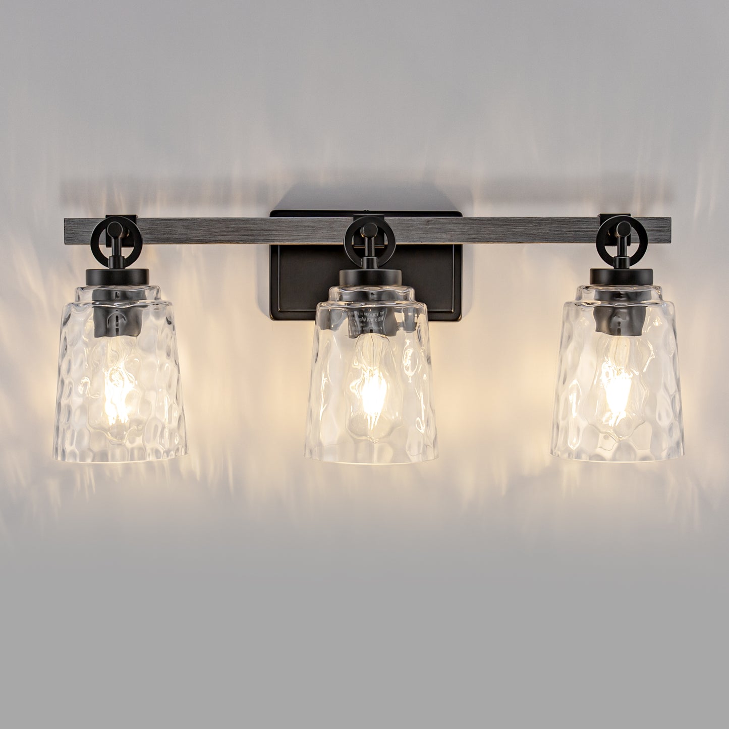 24 in. 3-Light Black and Wood Grain Modern Bell Vanity Light for Bathroom Mirror with Water Glass Shades