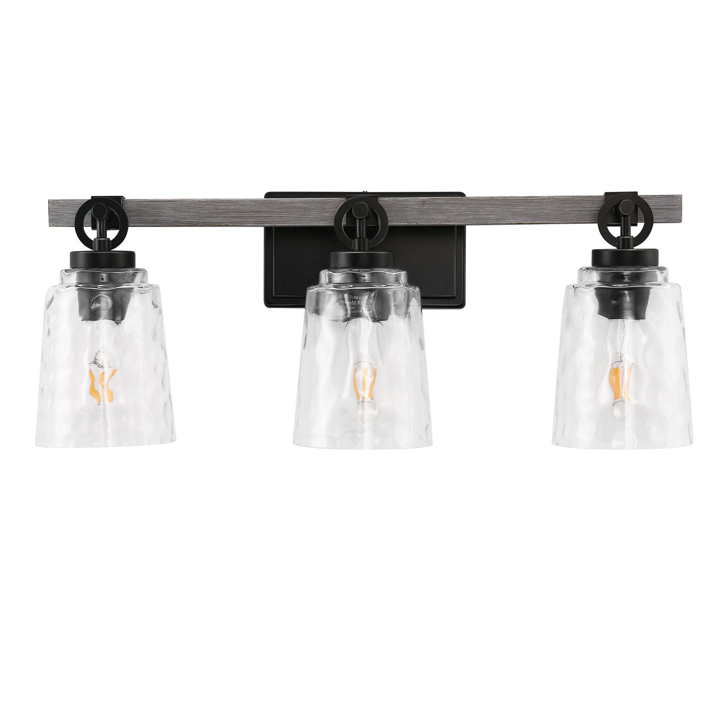 24 in. 3-Light Black and Wood Grain Modern Bell Vanity Light for Bathroom Mirror with Water Glass Shades