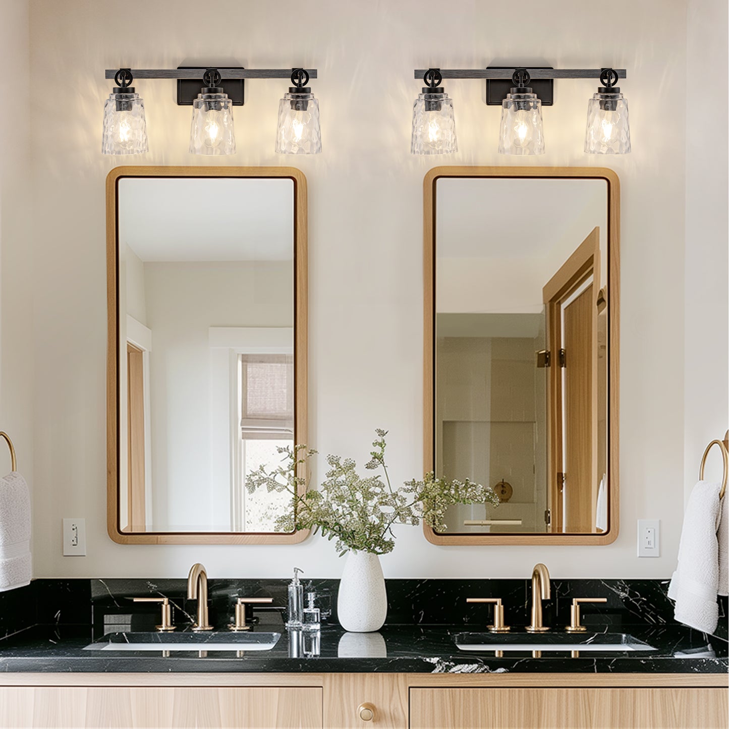 24 in. 3-Light Black and Wood Grain Modern Bell Vanity Light for Bathroom Mirror with Water Glass Shades