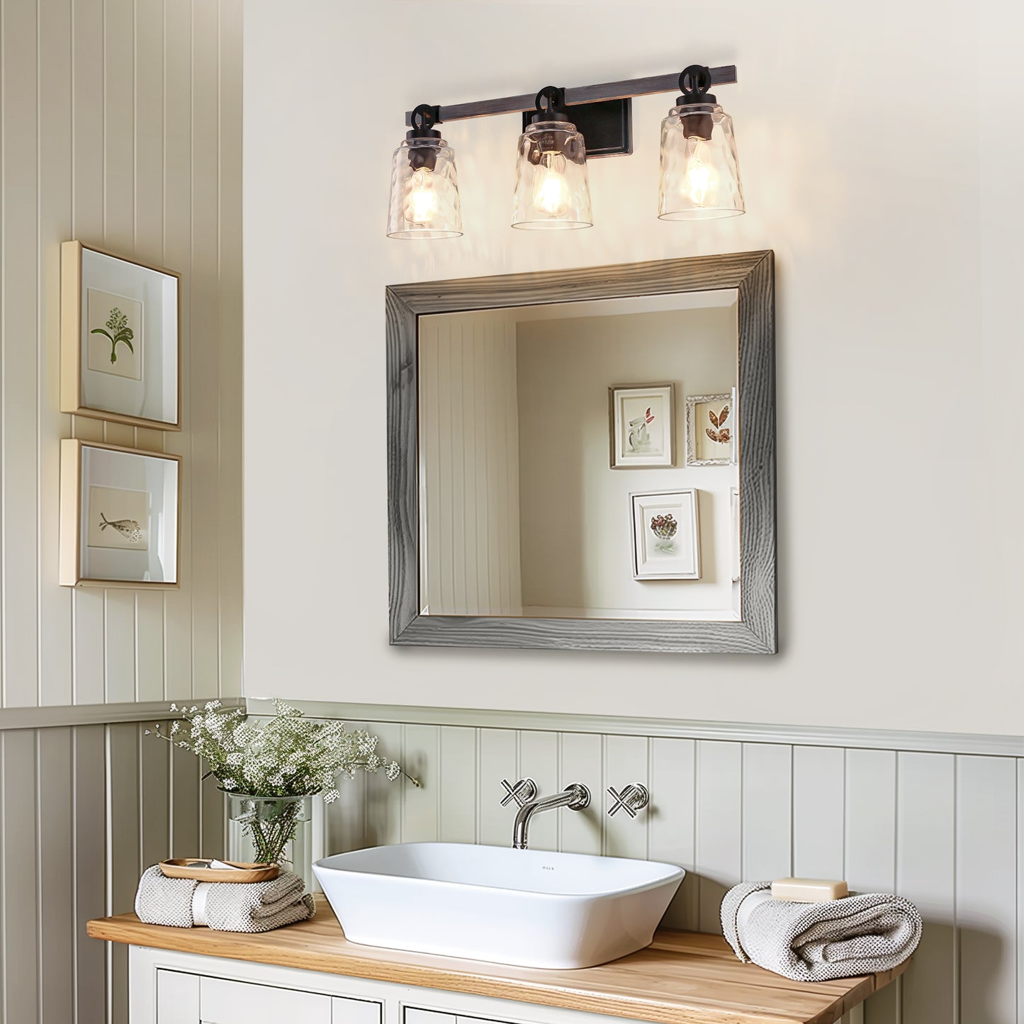 24 in. 3-Light Black and Wood Grain Modern Bell Vanity Light for Bathroom Mirror with Water Glass Shades