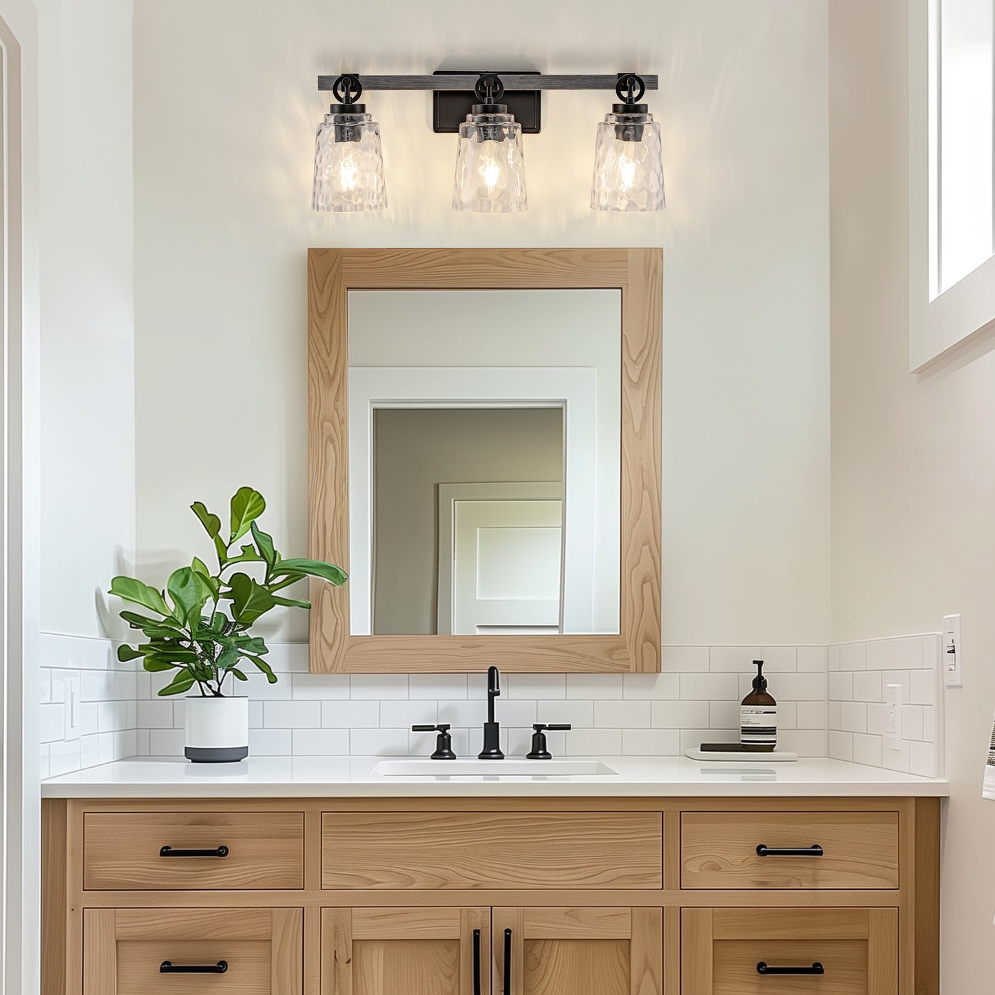 24 in. 3-Light Black and Wood Grain Modern Bell Vanity Light for Bathroom Mirror with Water Glass Shades