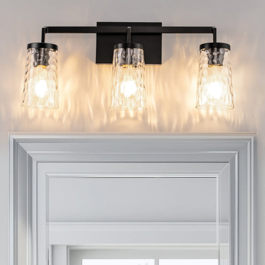22 in. 3-Light Black Industrial Bell Vanity Light for Bathroom Mirror with Water Glass Shades