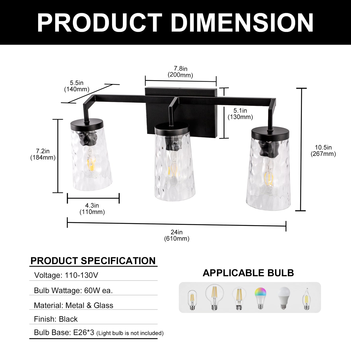 22 in. 3-Light Black Industrial Bell Vanity Light for Bathroom Mirror with Water Glass Shades