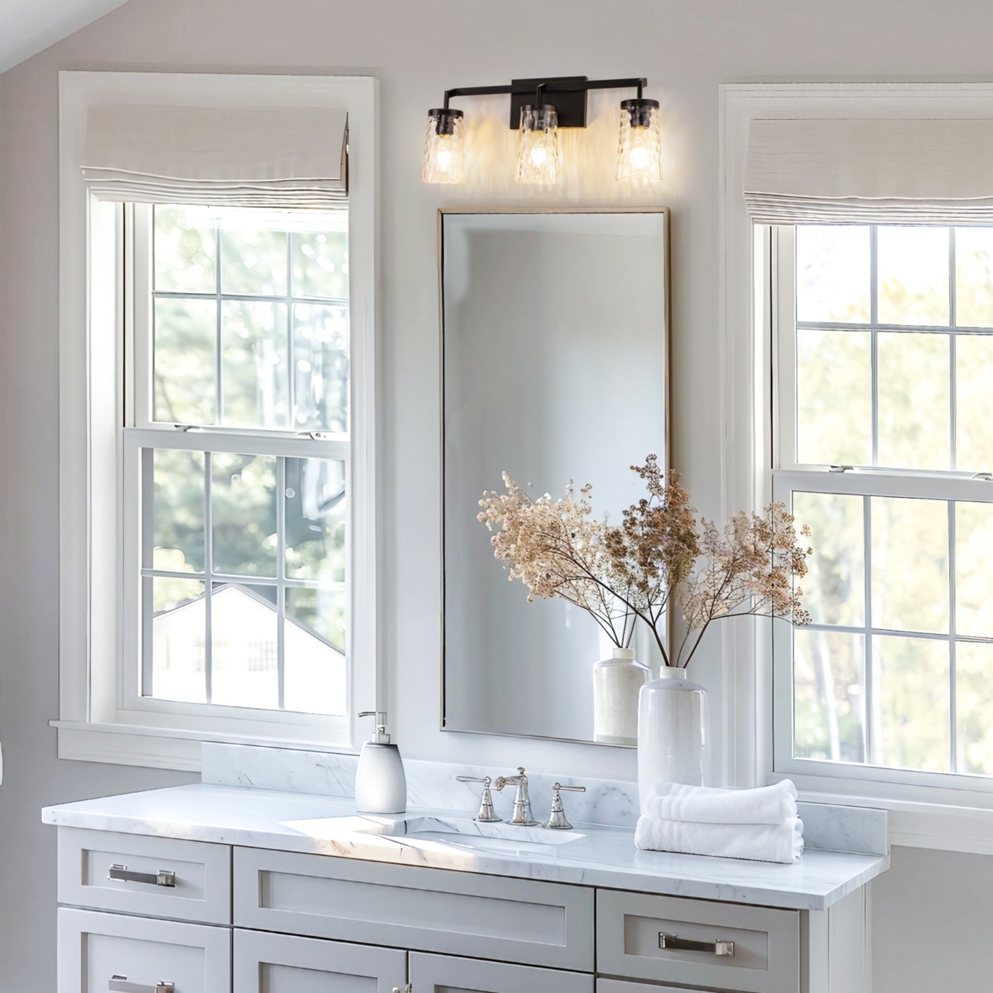 22 in. 3-Light Black Industrial Bell Vanity Light for Bathroom Mirror with Water Glass Shades