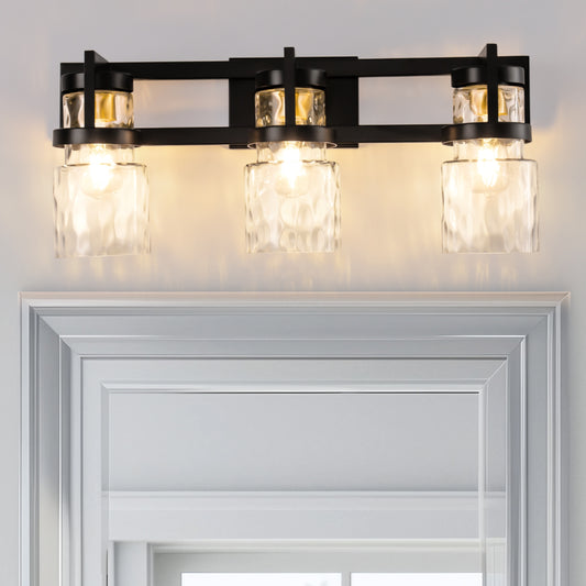 23 in. 3-Light Black and Gold Industrial Cylinder Vanity Light for Bathroom Mirror with Water Glass Shades