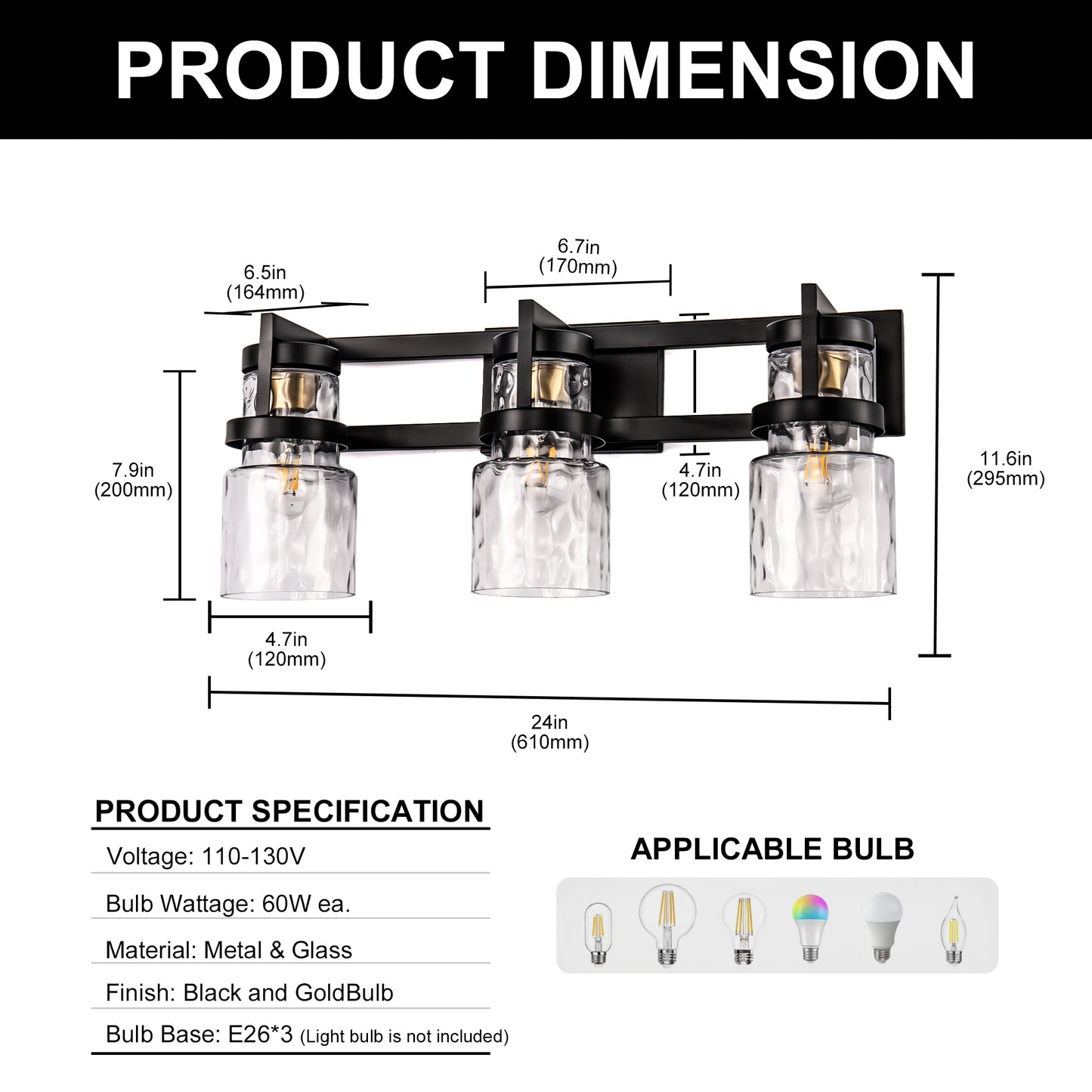 23 in. 3-Light Black and Gold Industrial Cylinder Vanity Light for Bathroom Mirror with Water Glass Shades