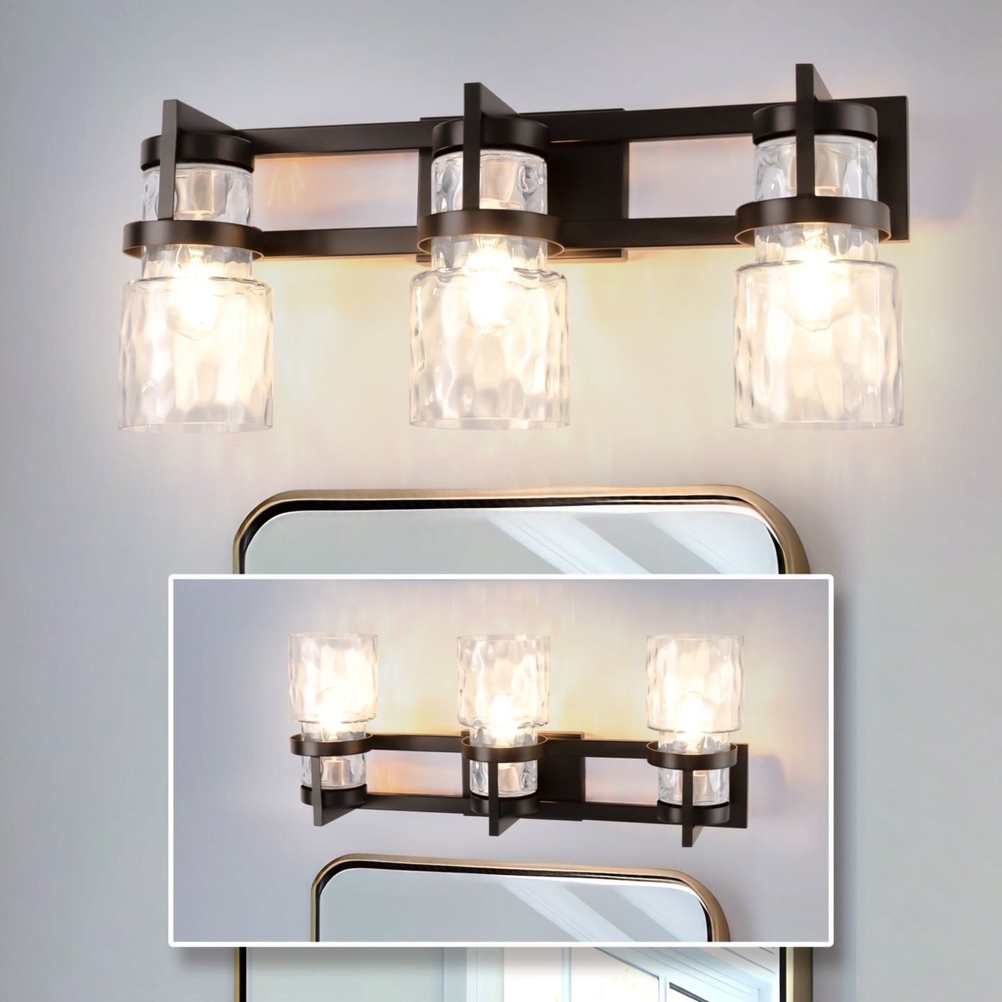 23 in. 3-Light Black and Gold Industrial Cylinder Vanity Light for Bathroom Mirror with Water Glass Shades
