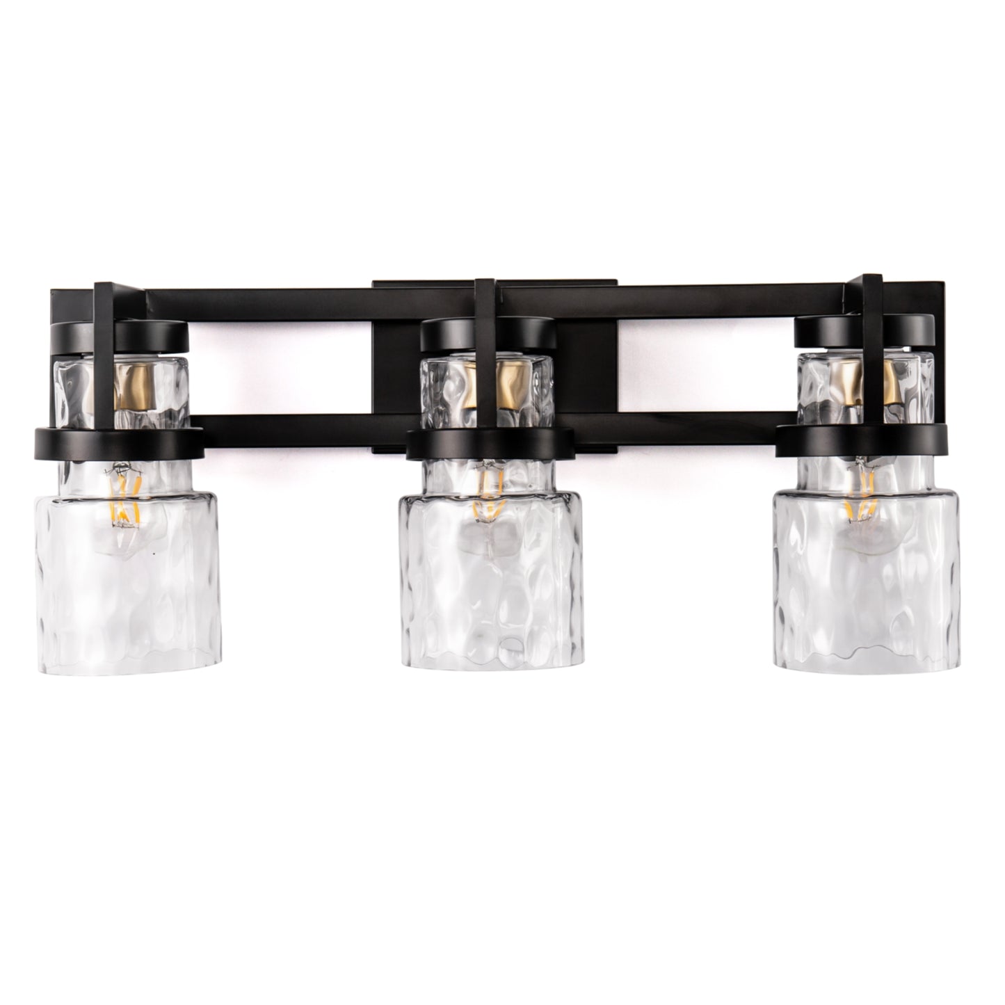 23 in. 3-Light Black and Gold Industrial Cylinder Vanity Light for Bathroom Mirror with Water Glass Shades