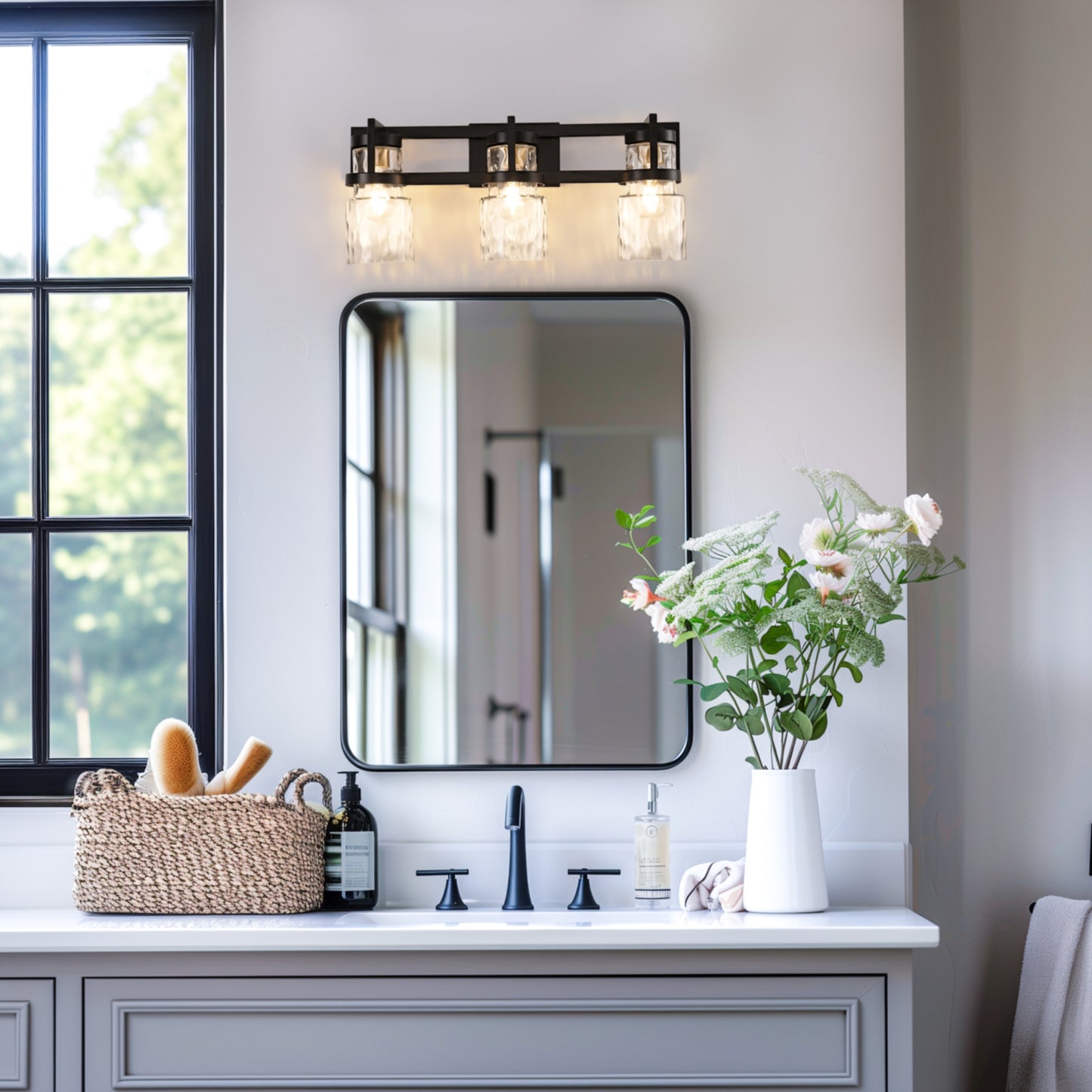 23 in. 3-Light Black and Gold Industrial Cylinder Vanity Light for Bathroom Mirror with Water Glass Shades