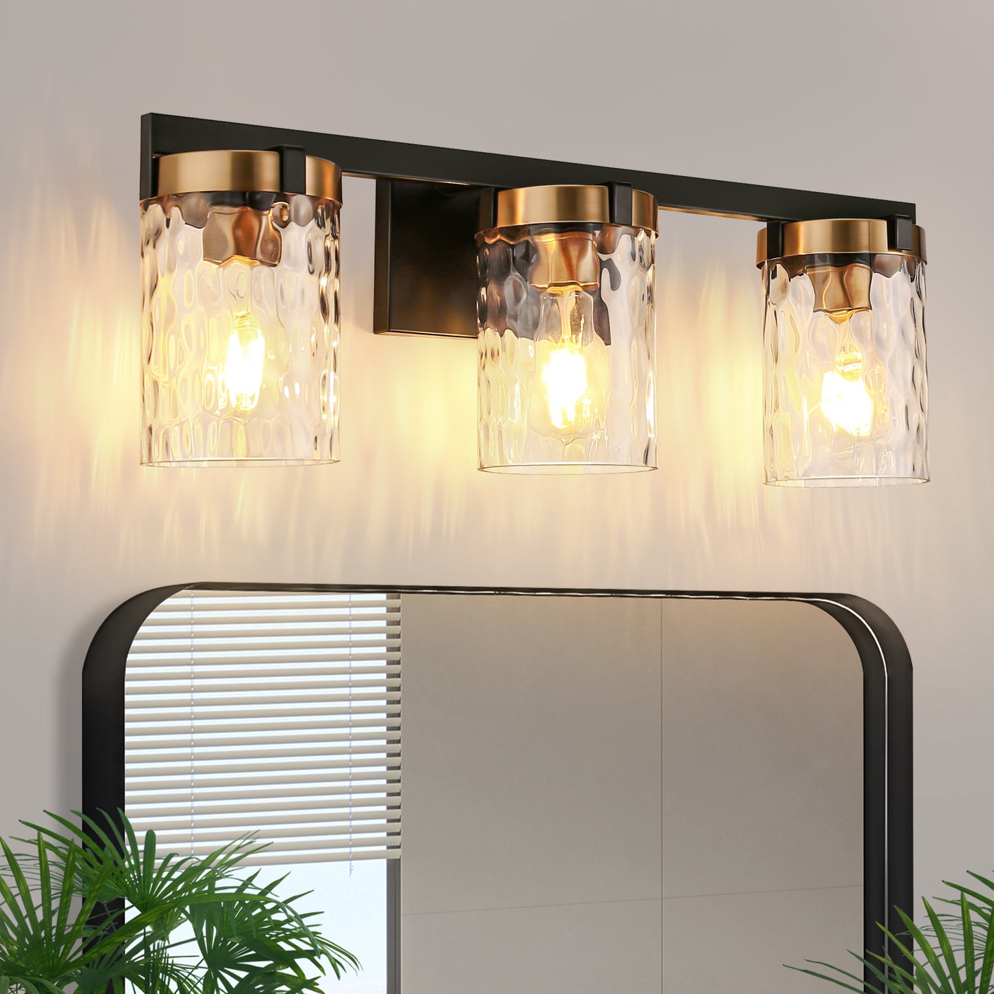 24 in. 3-Light Brushed Brass Bathroom Vanity Light with Seeded Glass Shades, Mid-Century Modern Wall Sconce for Bathroom