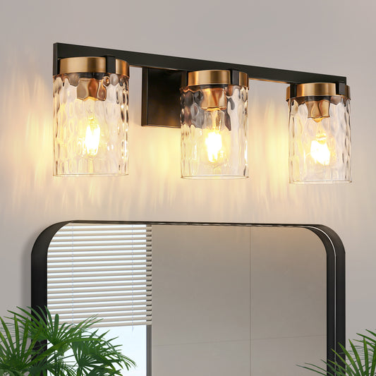 24 in. 3-Light Brushed Brass Bathroom Vanity Light with Seeded Glass Shades, Mid-Century Modern Wall Sconce for Bathroom