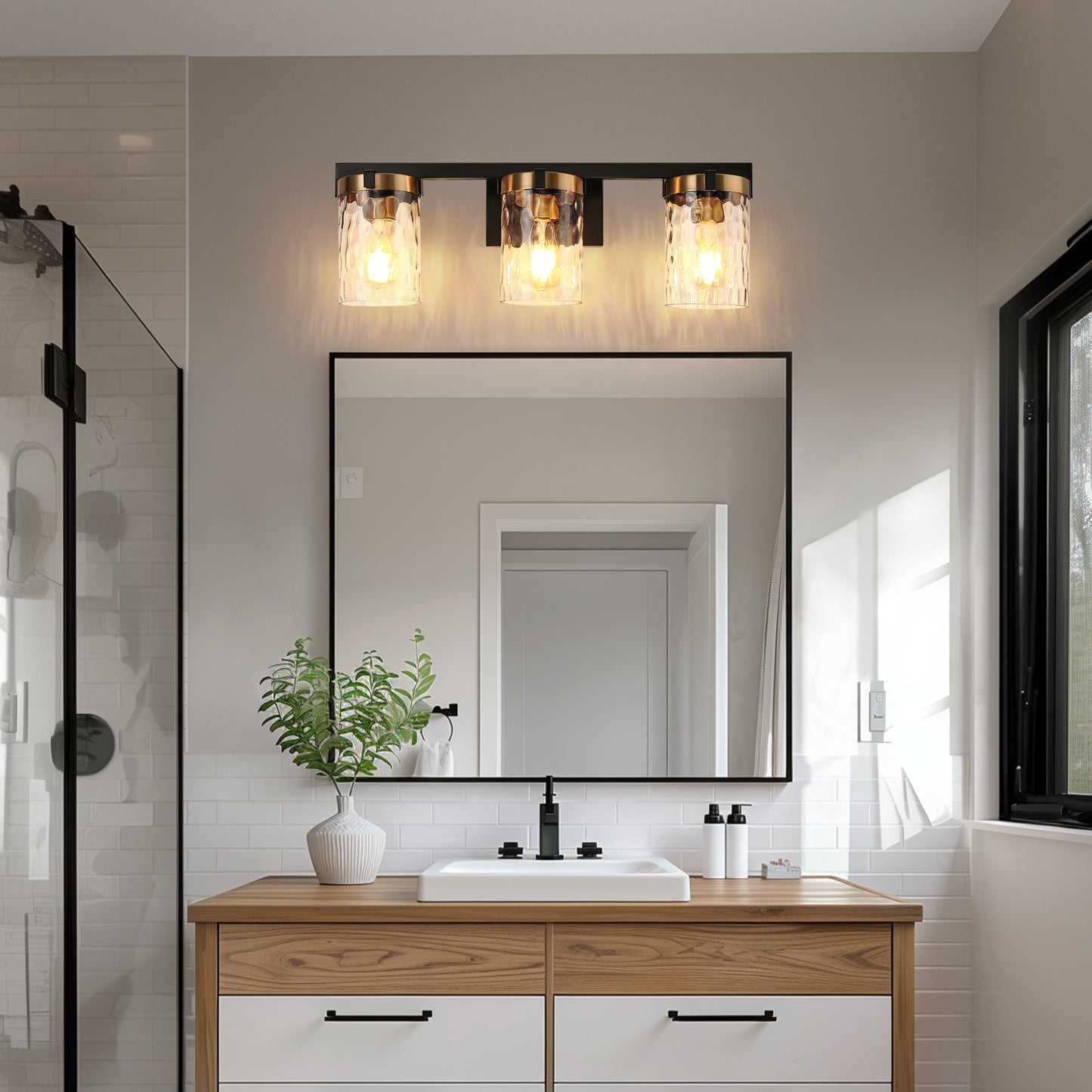 24 in. 3-Light Brushed Brass Bathroom Vanity Light with Seeded Glass Shades, Mid-Century Modern Wall Sconce for Bathroom