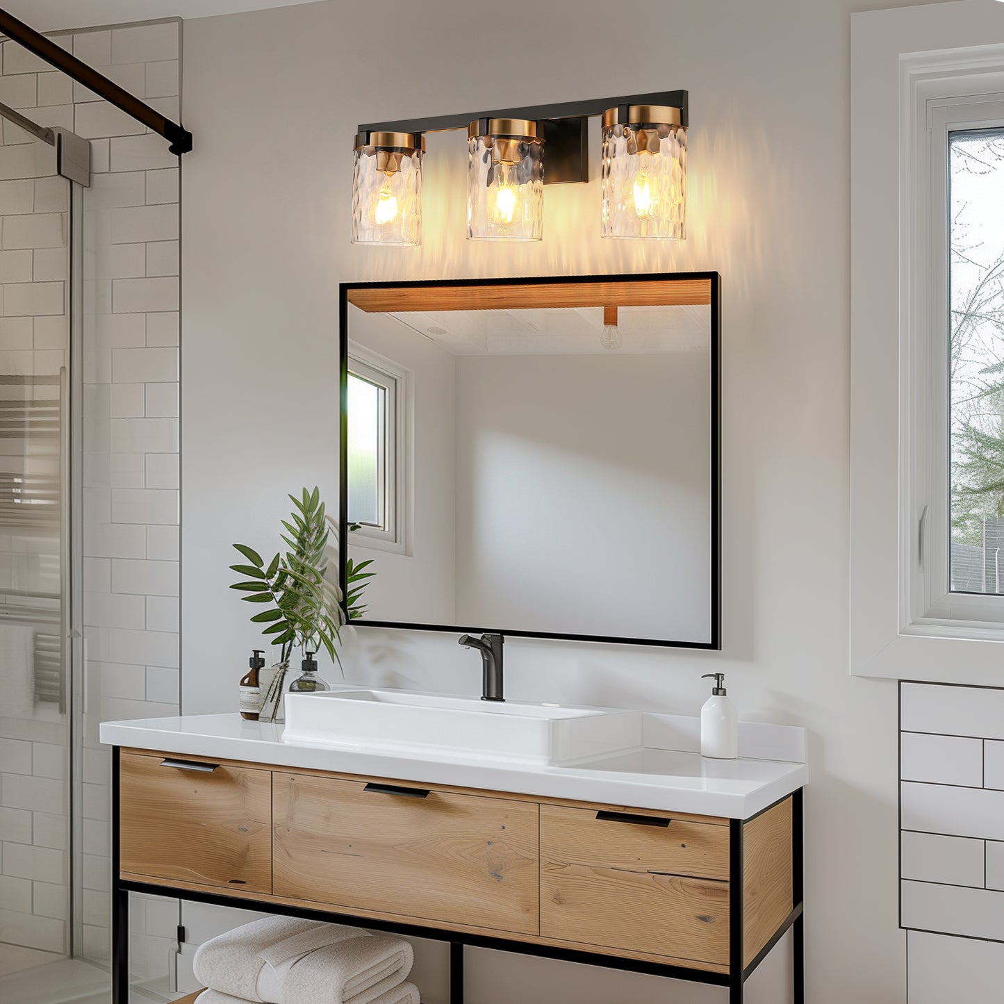 24 in. 3-Light Brushed Brass Bathroom Vanity Light with Seeded Glass Shades, Mid-Century Modern Wall Sconce for Bathroom