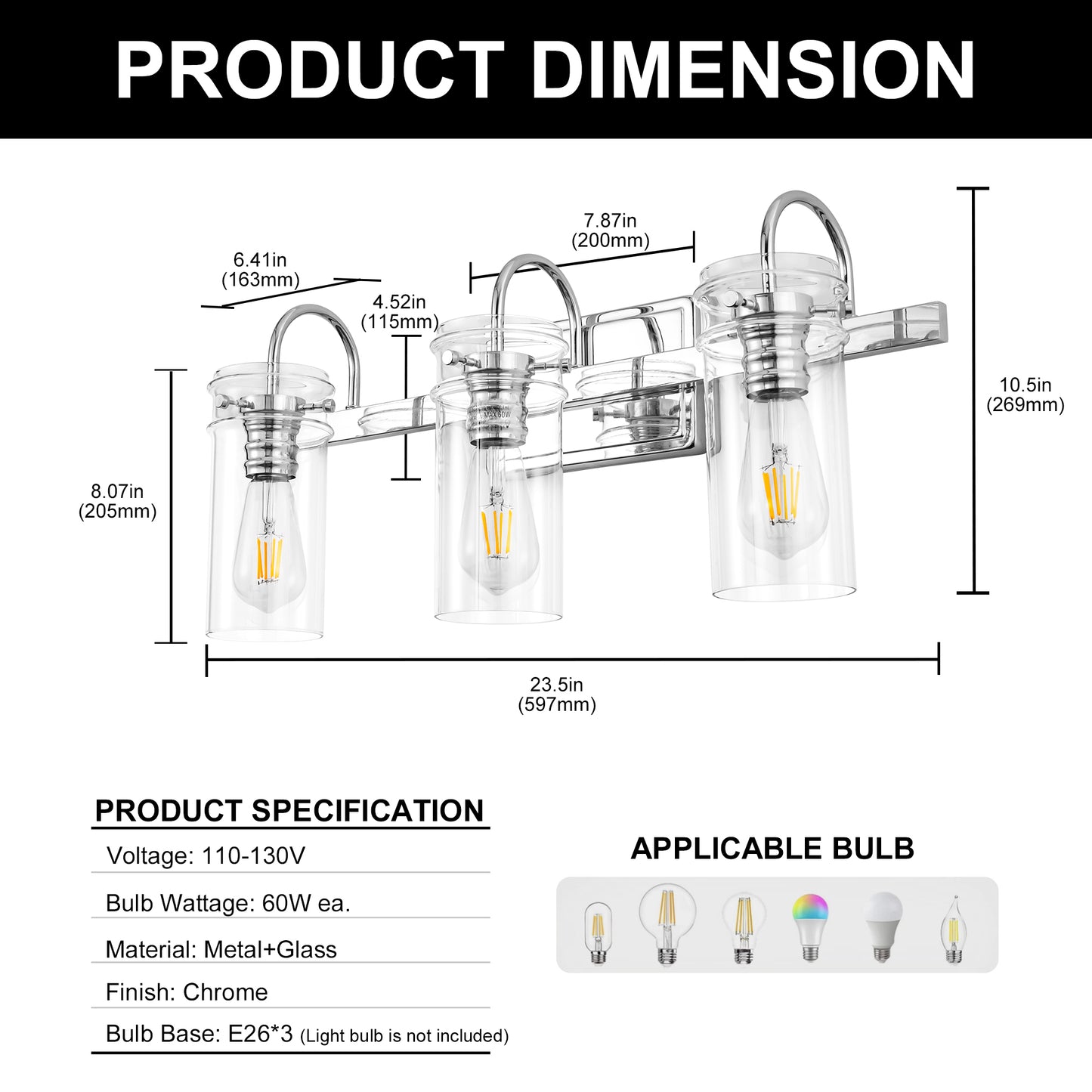 24 in. 3-Light Chrome Bathroom Vanity Light, Wall Sconce with Clear Glass Shades for Bathroom and Vanity Enhancement