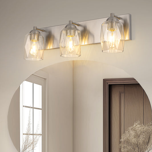 22 in. 3 Light Nickel Modern Unique Cylinder Vanity Light for Bathroom Mirror with Glass Shades