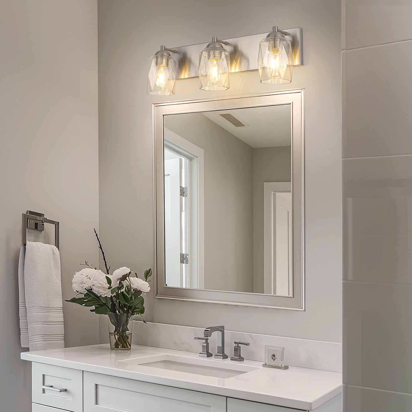 22 in. 3 Light Nickel Modern Unique Cylinder Vanity Light for Bathroom Mirror with Glass Shades