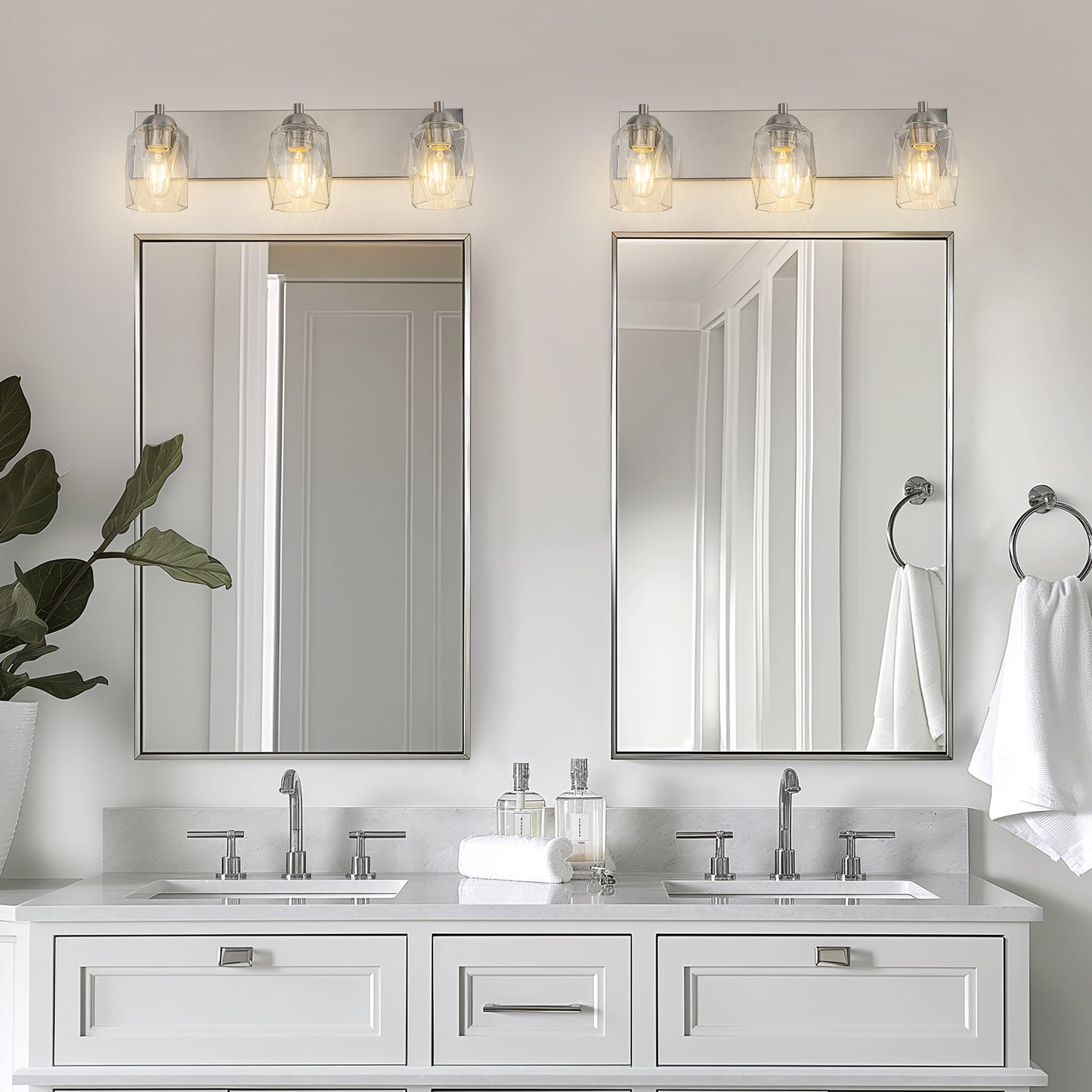 22 in. 3 Light Nickel Modern Unique Cylinder Vanity Light for Bathroom Mirror with Glass Shades