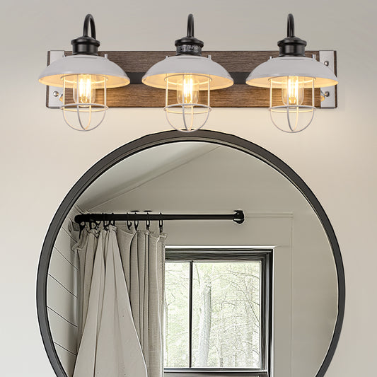 24 in. 3 Light Chrome and Wood Grain Modern Unique Bell Vanity Light for Bathroom, Kitchen with White Metal Shades