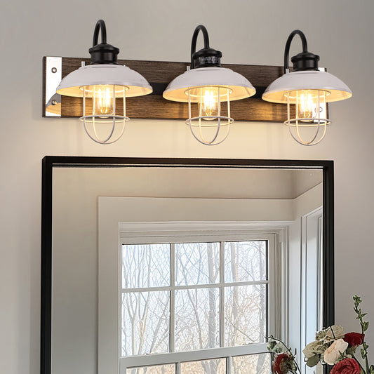 24 in. 3 Light Chrome and Wood Grain Modern Unique Bell Vanity Light for Bathroom, Kitchen with White Metal Shades