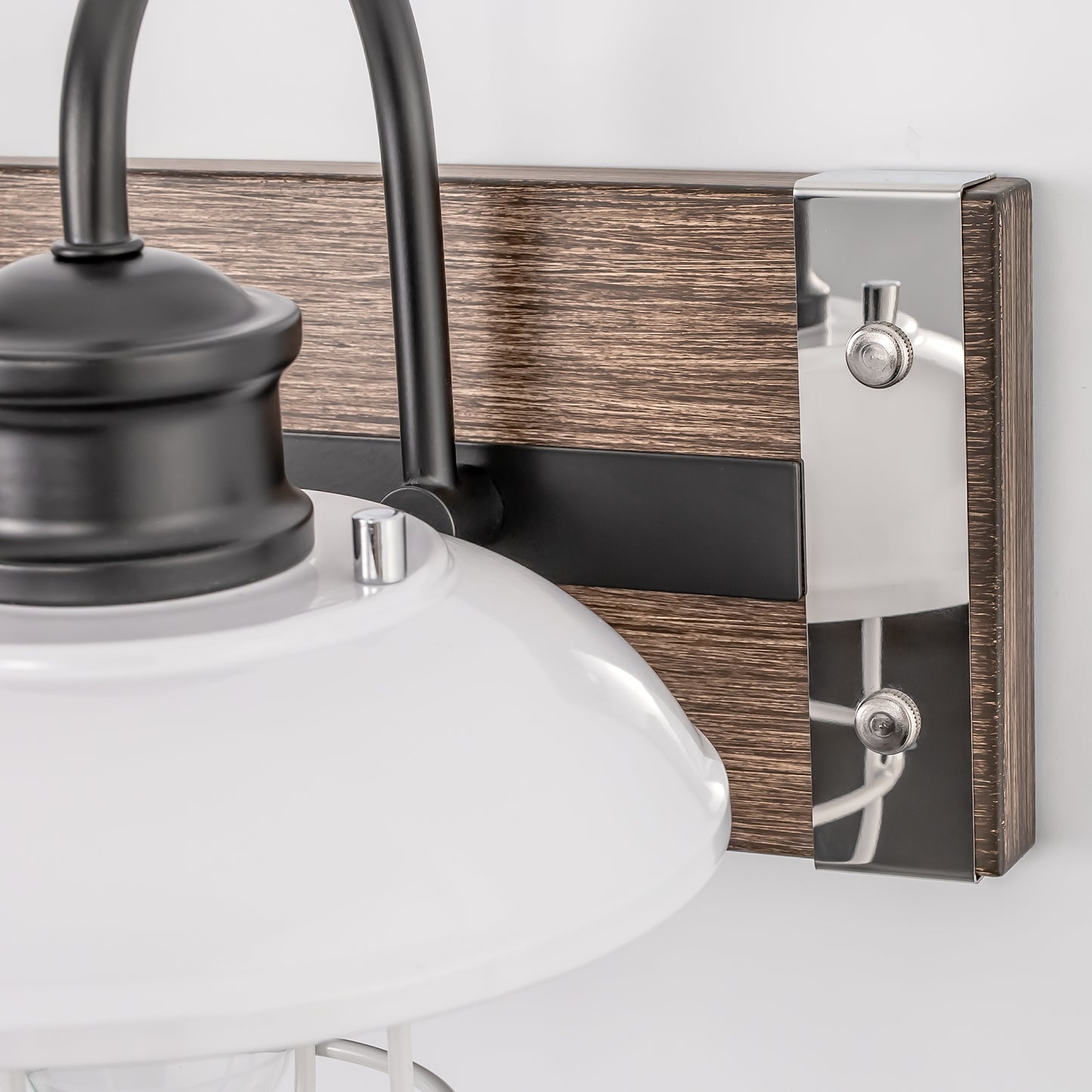 24 in. 3 Light Chrome and Wood Grain Modern Unique Bell Vanity Light for Bathroom, Kitchen with White Metal Shades