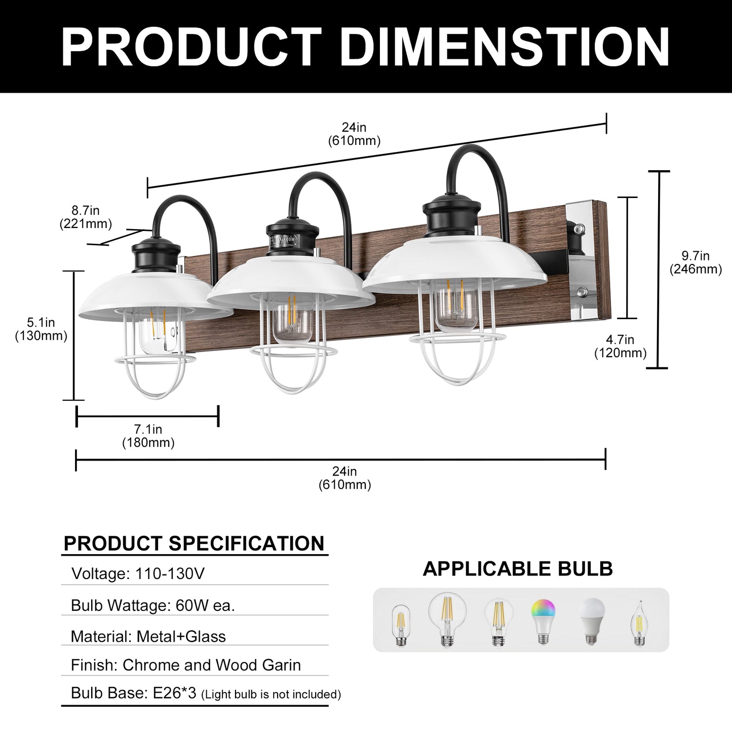 24 in. 3 Light Chrome and Wood Grain Modern Unique Bell Vanity Light for Bathroom, Kitchen with White Metal Shades