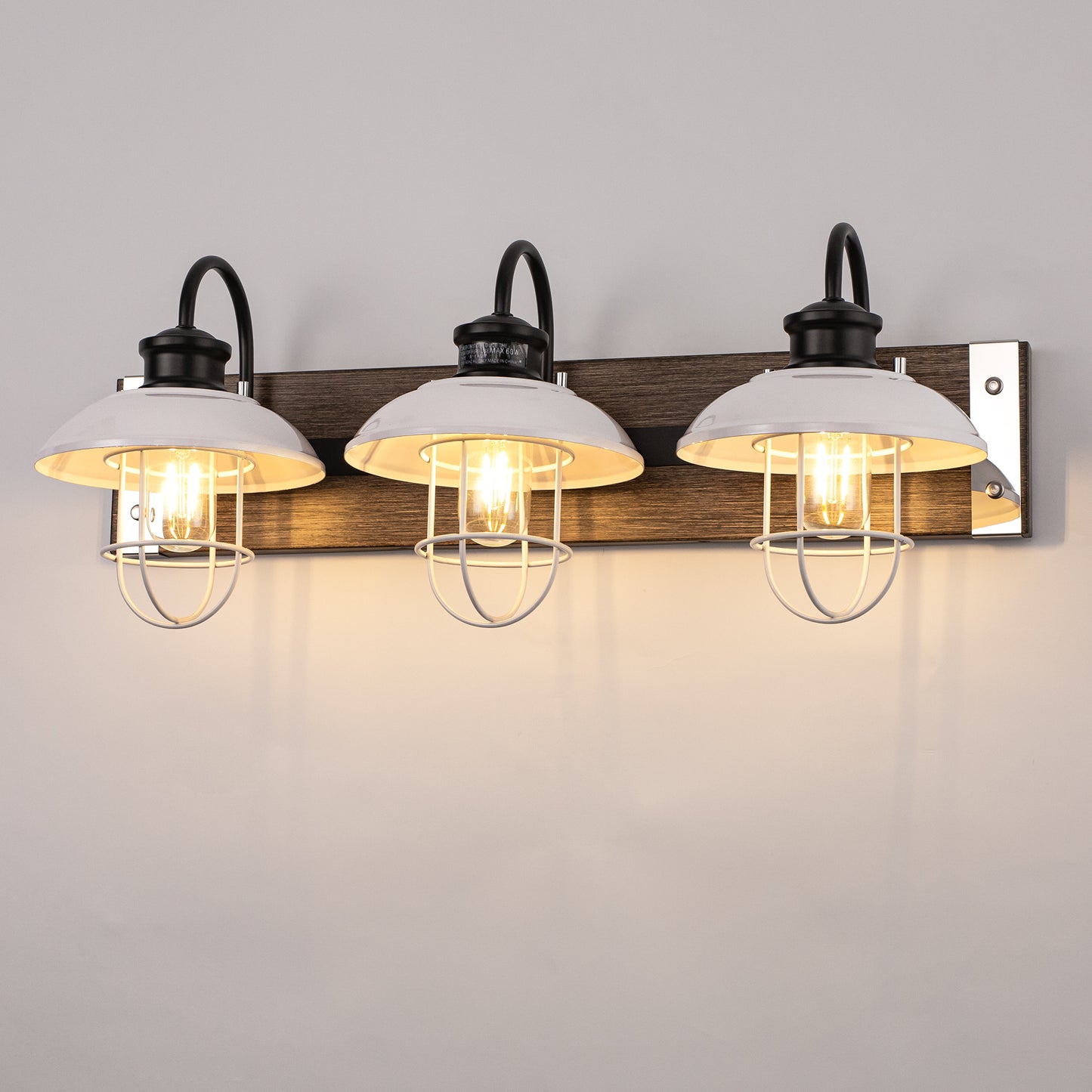 24 in. 3 Light Chrome and Wood Grain Modern Unique Bell Vanity Light for Bathroom, Kitchen with White Metal Shades