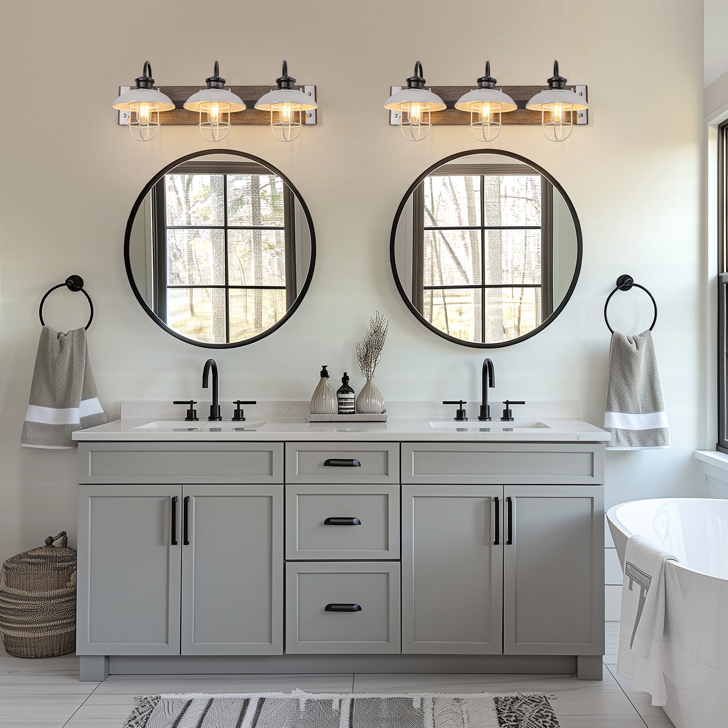 24 in. 3 Light Chrome and Wood Grain Modern Unique Bell Vanity Light for Bathroom, Kitchen with White Metal Shades