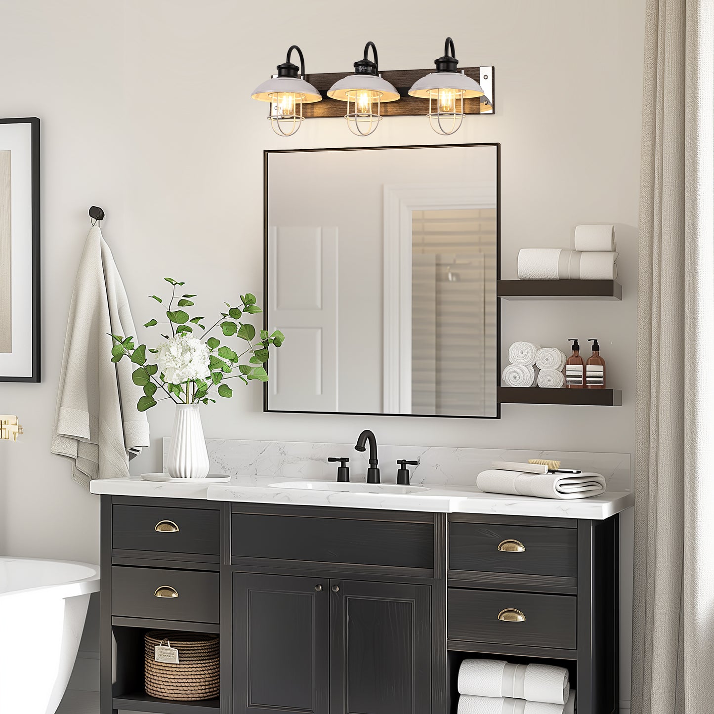 24 in. 3 Light Chrome and Wood Grain Modern Unique Bell Vanity Light for Bathroom, Kitchen with White Metal Shades