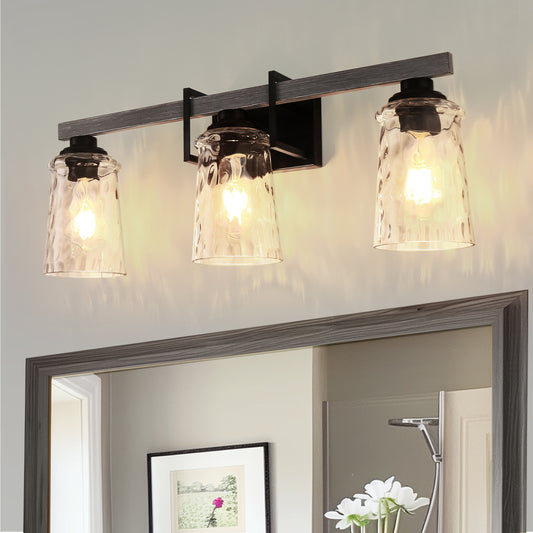26 in. 3 Light Black and Wood Grain Rustic Farmhouse Bell Vanity Light for Bathroom Mirror with Water Glass