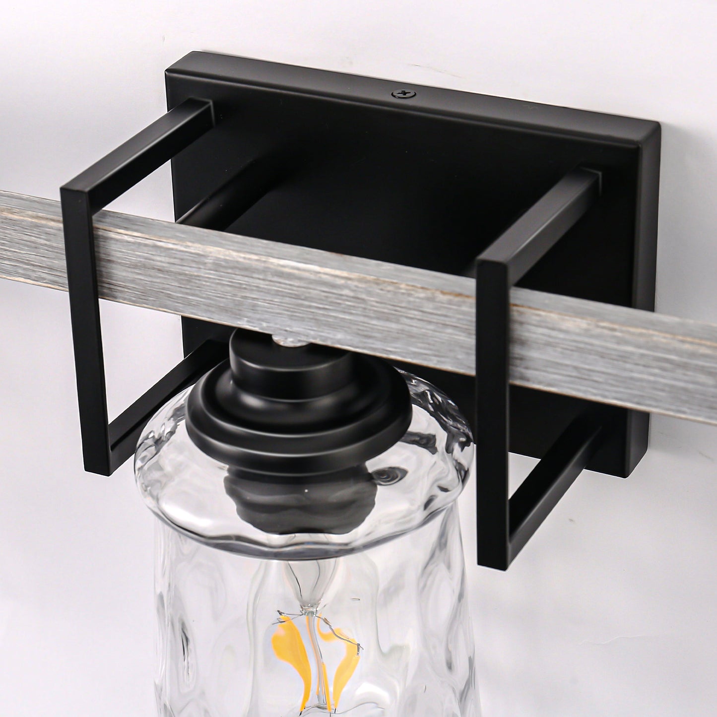 26 in. 3 Light Black and Wood Grain Rustic Farmhouse Bell Vanity Light for Bathroom Mirror with Water Glass