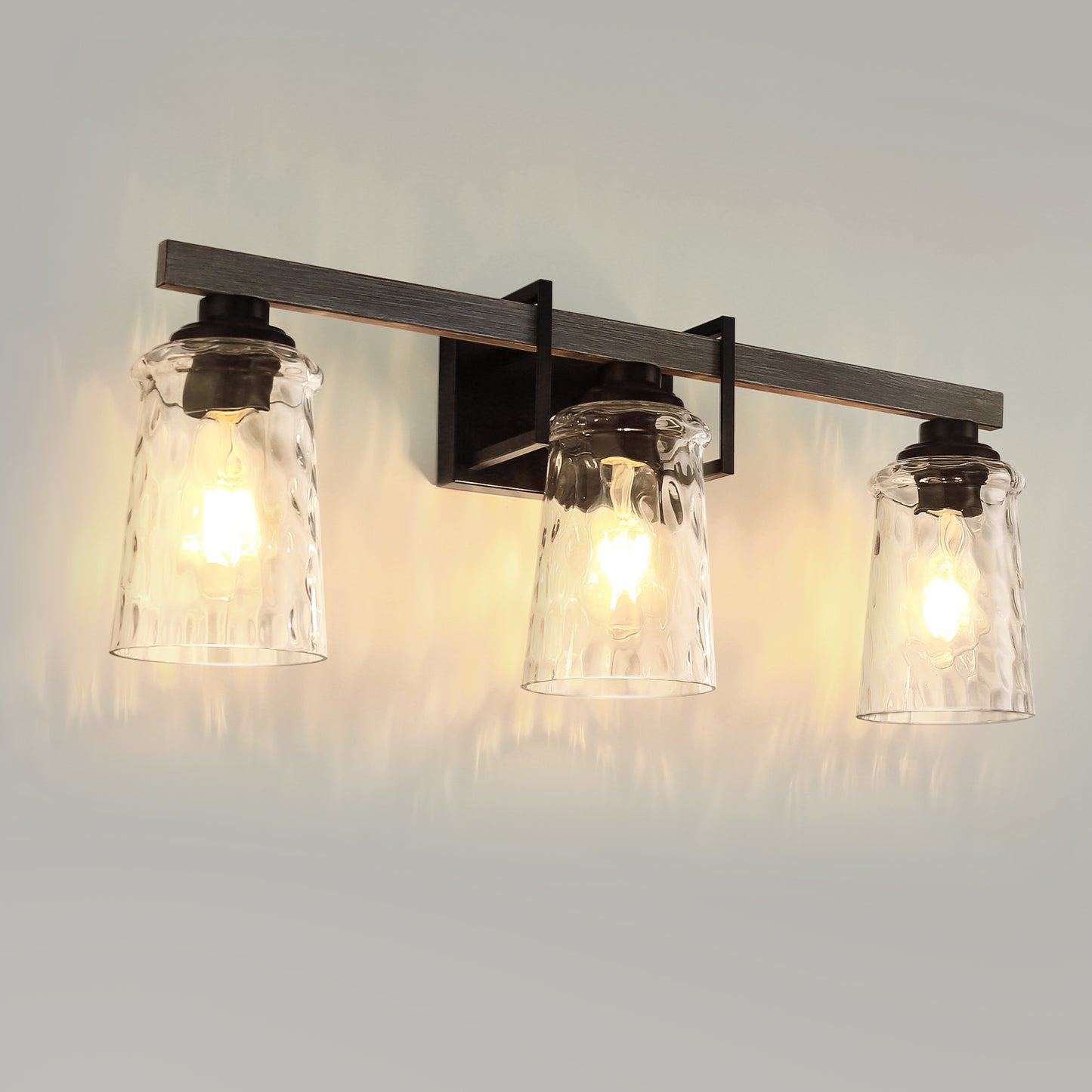 26 in. 3 Light Black and Wood Grain Rustic Farmhouse Bell Vanity Light for Bathroom Mirror with Water Glass