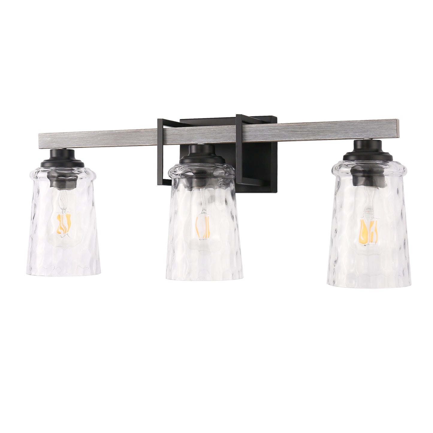 26 in. 3 Light Black and Wood Grain Rustic Farmhouse Bell Vanity Light for Bathroom Mirror with Water Glass