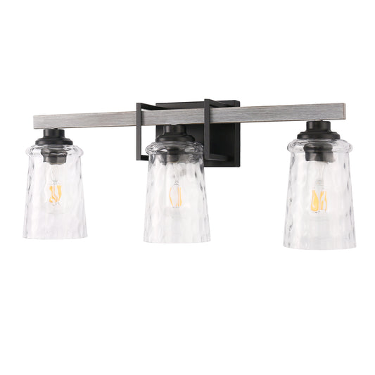 26 in. 3 Light Black and Wood Grain Rustic Farmhouse Bell Vanity Light for Bathroom Mirror with Water Glass