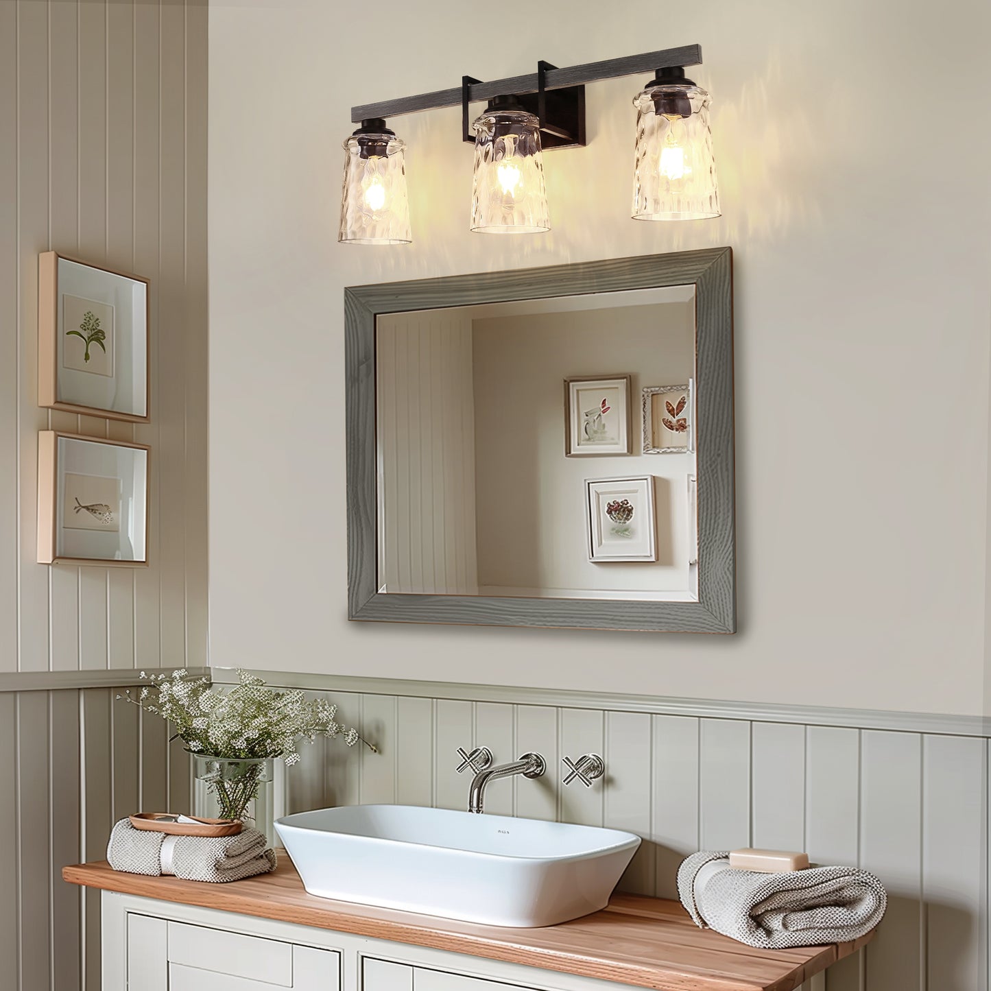 26 in. 3 Light Black and Wood Grain Rustic Farmhouse Bell Vanity Light for Bathroom Mirror with Water Glass