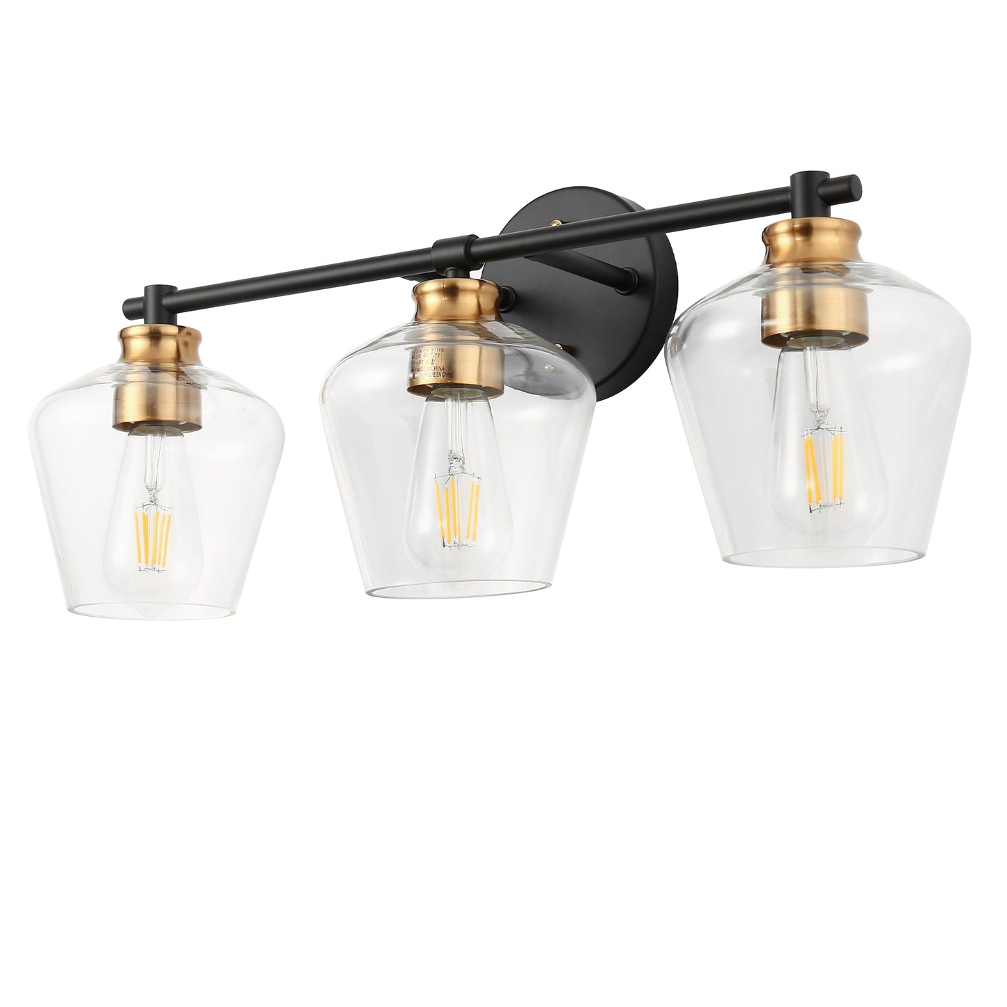 YANSUN 22 in. Black and Gold 3-Light Vanity Light with Clear Glass Shade for Vanity Powder Room Dressing Room