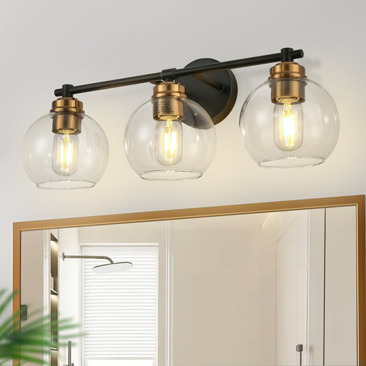 22 in. 3-Light Black and Gold Modern Bathroom Vanity Light with Clear Glass Shades, Wall Sconce for Large Spaces
