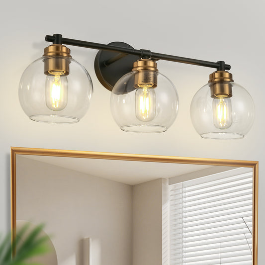 22 in. 3-Light Black and Gold Modern Bathroom Vanity Light with Clear Glass Shades, Wall Sconce for Large Spaces