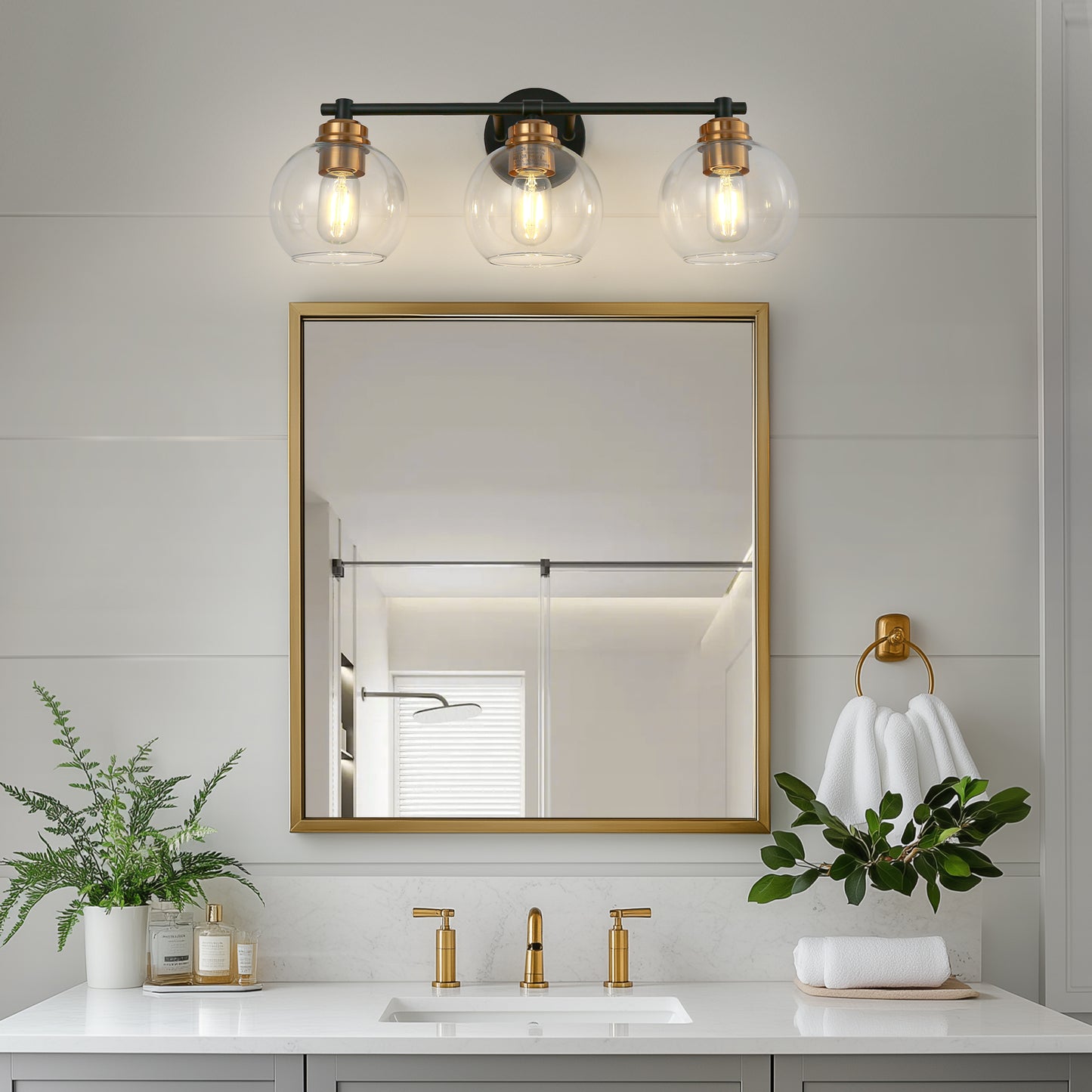 22 in. 3-Light Black and Gold Modern Bathroom Vanity Light with Clear Glass Shades, Wall Sconce for Large Spaces