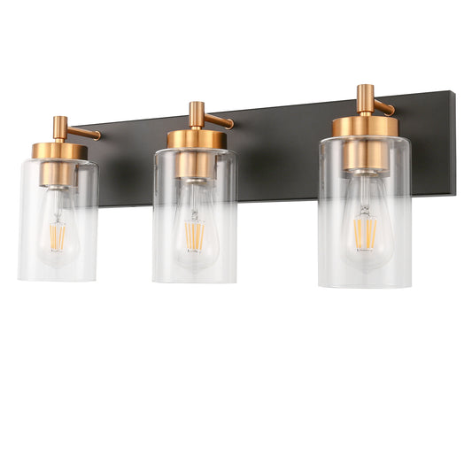 YANSUN 22 in. 3-Light Black Bathroom Vanity Light with Clear Glass and Brass Socket for Bathroom, Vanity, or Mirror