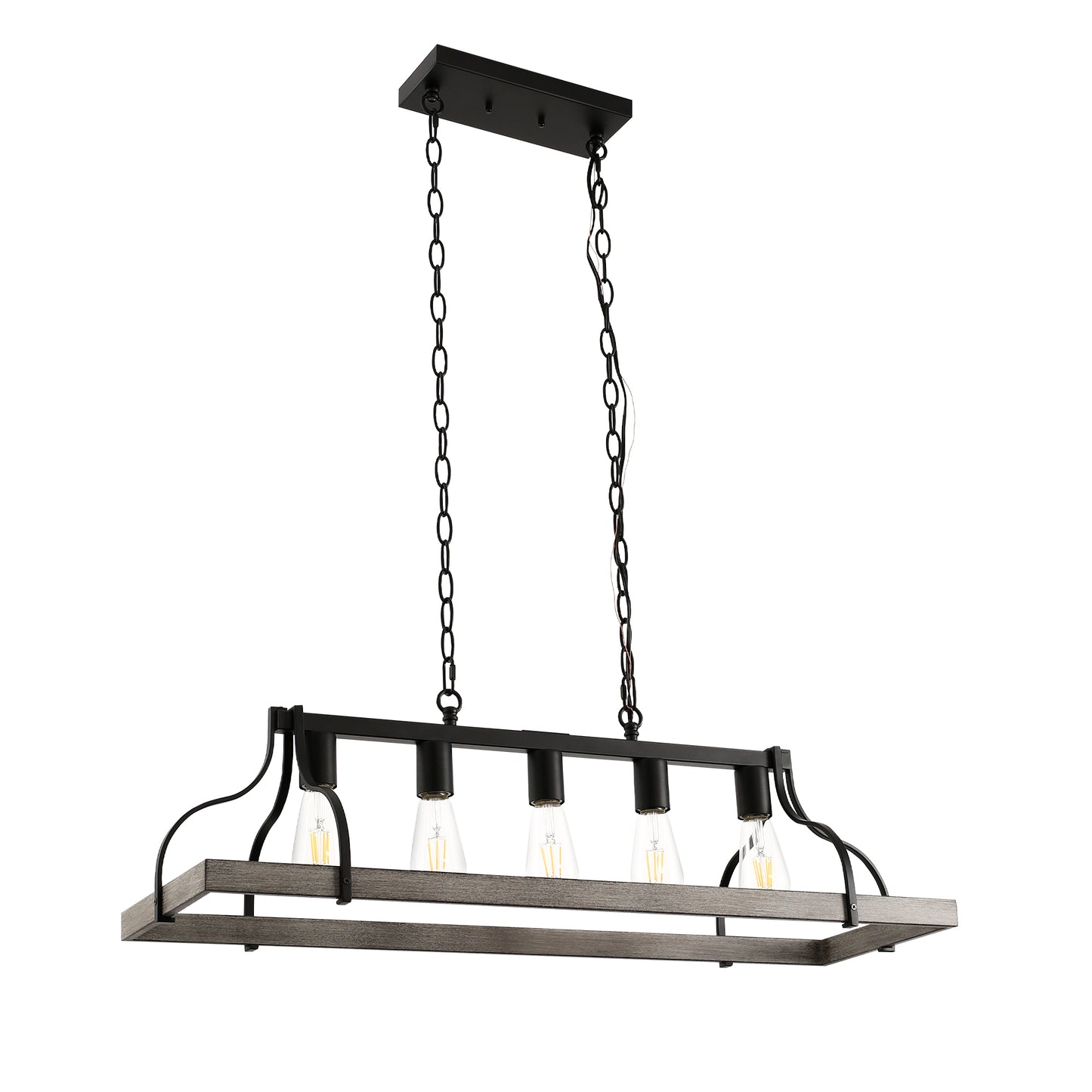 YANSUN 5-Lights Rustic Wood Gray Chandelier Kitchen Island Pendant Light with E26 Base for Kitchen Dining Room No Bulb Included