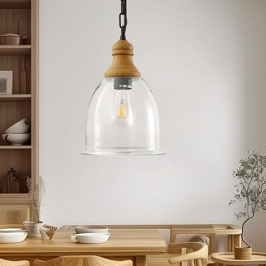 Farmhouse 1-Light Wood Grain Pendant with Large Clear Glass Shade, Rustic E26 Hanging Light for Kitchen Island