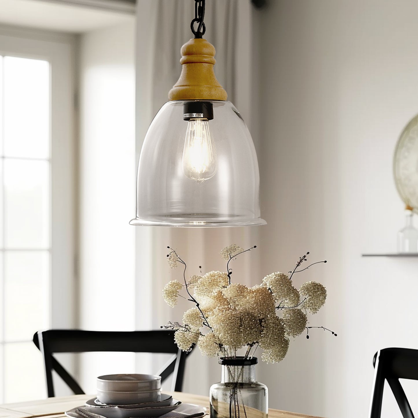 Farmhouse 1-Light Wood Grain Pendant with Large Clear Glass Shade, Rustic E26 Hanging Light for Kitchen Island