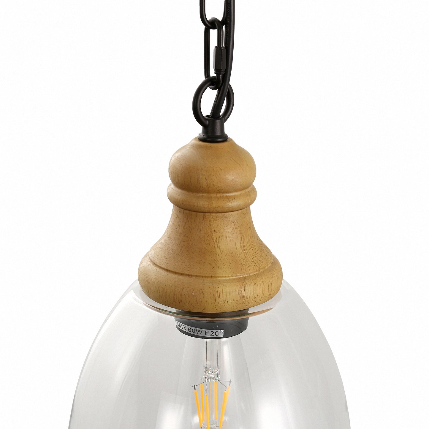 Farmhouse 1-Light Wood Grain Pendant with Large Clear Glass Shade, Rustic E26 Hanging Light for Kitchen Island