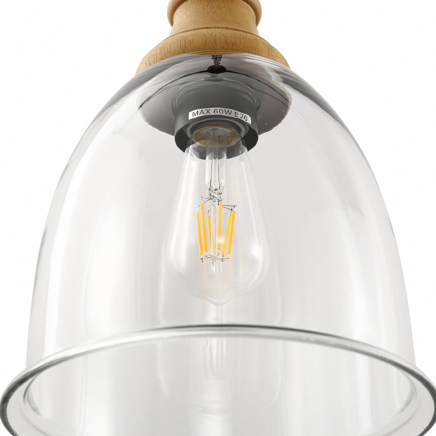 Farmhouse 1-Light Wood Grain Pendant with Large Clear Glass Shade, Rustic E26 Hanging Light for Kitchen Island