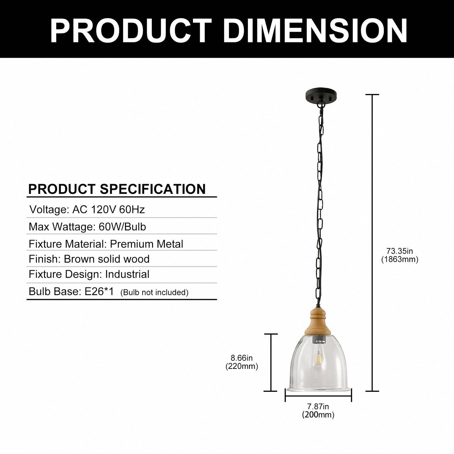 Farmhouse 1-Light Wood Grain Pendant with Large Clear Glass Shade, Rustic E26 Hanging Light for Kitchen Island