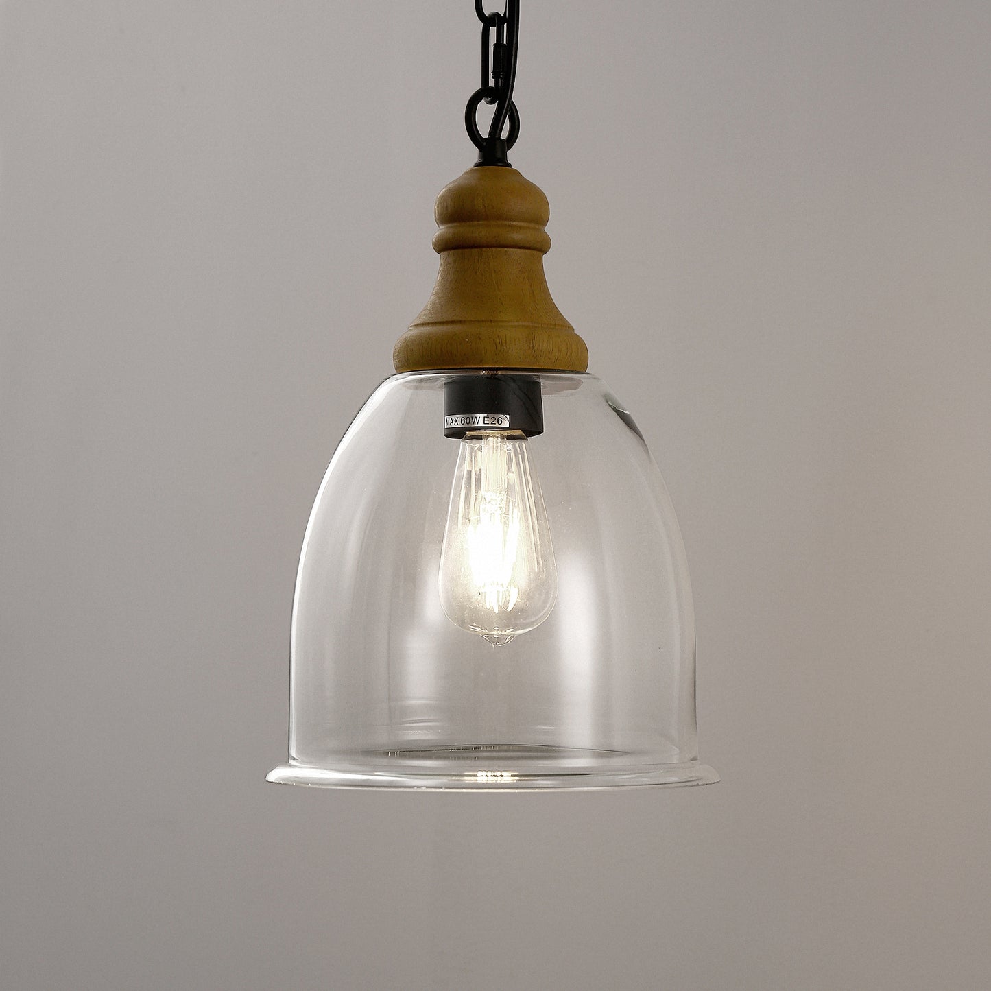 Farmhouse 1-Light Wood Grain Pendant with Large Clear Glass Shade, Rustic E26 Hanging Light for Kitchen Island