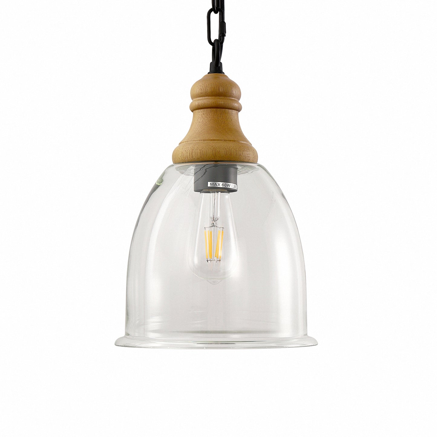 Farmhouse 1-Light Wood Grain Pendant with Large Clear Glass Shade, Rustic E26 Hanging Light for Kitchen Island